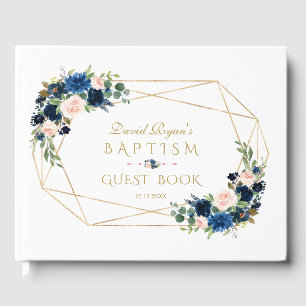 Elegante Navy Blush Blume Gold Boy Taufe Gästebuch