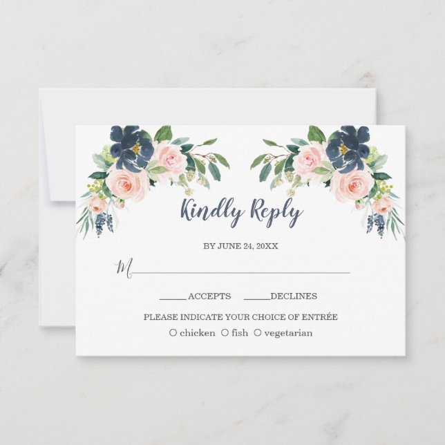 Elegante Navy Blush Blume Hochzeit RSVP Karte (Vorderseite)