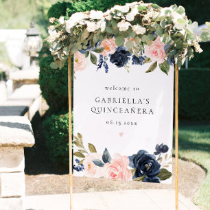Elegante Navy Blush Floral Quinceañera Willkommen Poster