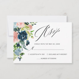 Elegante Navy Blush Rose Blumenhochzeit RSVP Karte
