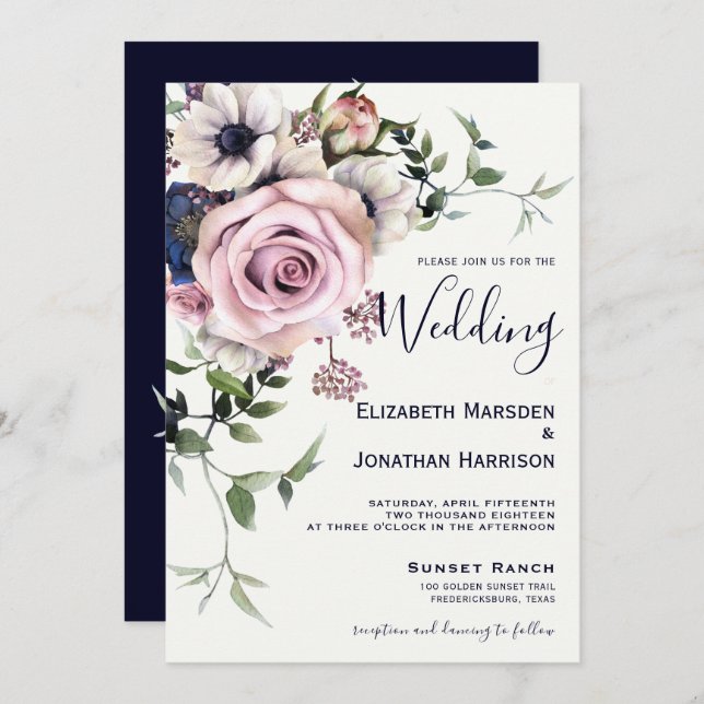 Elegante Navy Blush Rose Vintag Einladung (Vorne/Hinten)