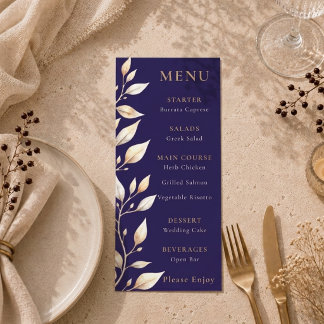 Elegante Navy Botanische Umrandung Hochzeit Menükarte
