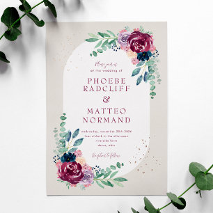 Elegante Navy-Burgunder-Aquarell-Blumen-Hochzeit Folieneinladung