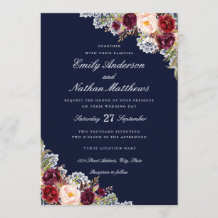 Elegante Navy Burgundy Floral Lace Wedding Einladung