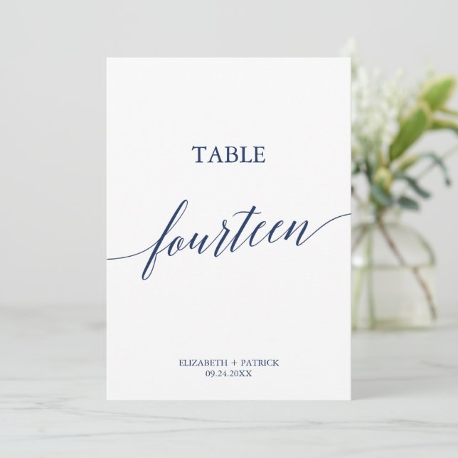 Elegante Navy Calligrafy Table 14 Tischnummer (Stehend Vorderseite)