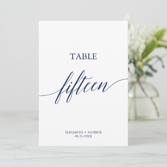 Elegante Navy Calligrafy Table 15 Tischnummer (Stehend Vorderseite)