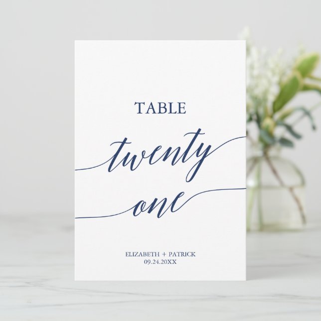 Elegante Navy Calligraphy Table 21 Tischnummer (Stehend Vorderseite)