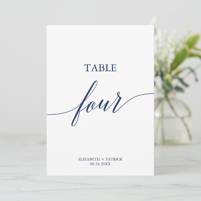 Elegante Navy Calligraphy Table Four Tischnummer (Stehend Vorderseite)