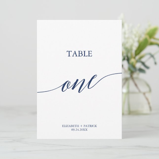 Elegante Navy Calligraphy Table One Tischnummer (Stehend Vorderseite)