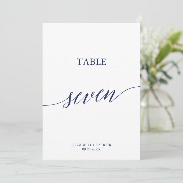 Elegante Navy Calligraphy Table Seven Tischnummer (Stehend Vorderseite)