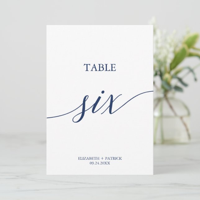 Elegante Navy Calligraphy Table Six Tischnummer (Stehend Vorderseite)