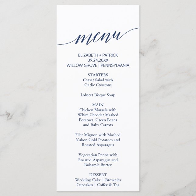 Elegante Navy Calligraphy Wedding Dinner Menu Card Menükarte (Vorderseite)