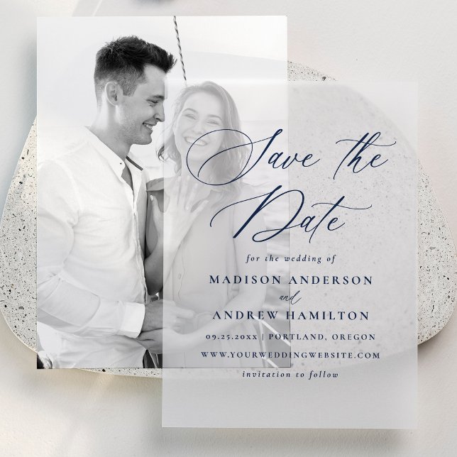 Elegante Navy Calligraphy Wedding Save the Dates (Von Creator hochgeladen)
