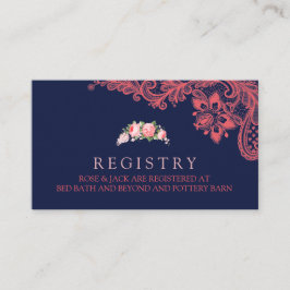 Elegante Navy & Coral Lace Wedding Registry Card Begleitkarte