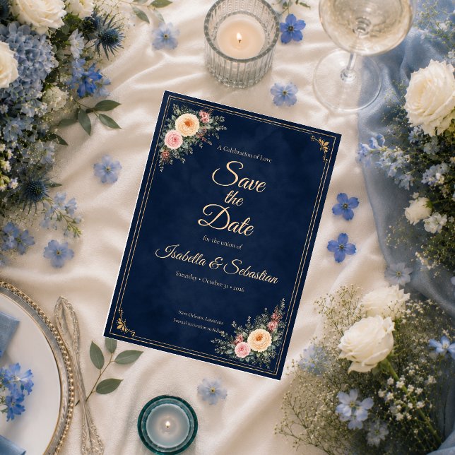 Elegante Navy-Ecken-Blumenhochzeit Save The Date (Von Creator hochgeladen)