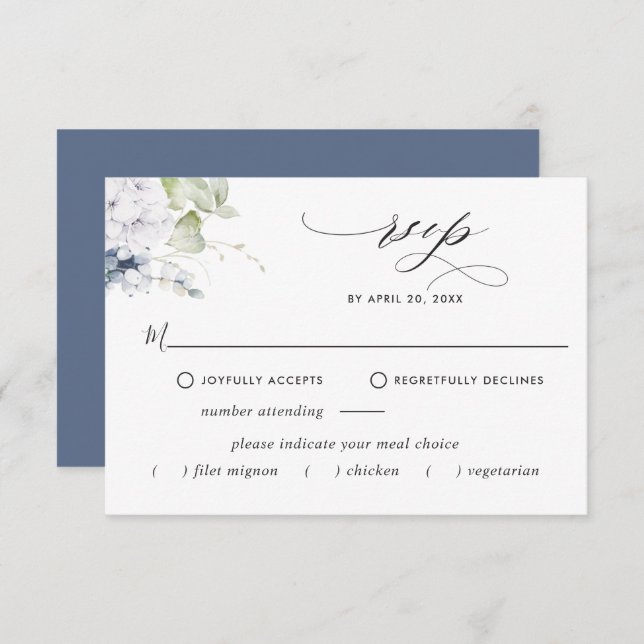 Elegante Navy Floral, Mahlzeiten Optionen Hochzeit RSVP Karte (Vorne/Hinten)