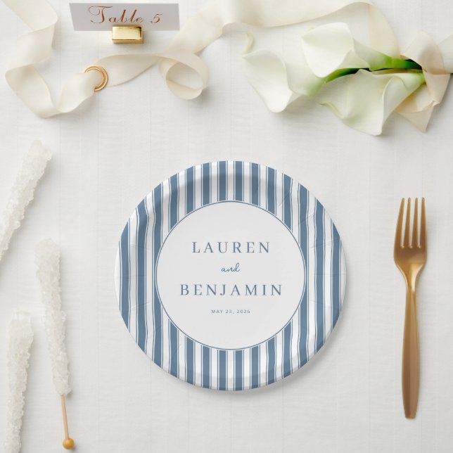 Elegante navy gestreifte Kreise Pappteller (Hochzeit)