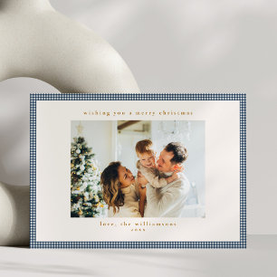 Elegante Navy Gingham Karo Familienfoto Weihnachts Feiertagskarte