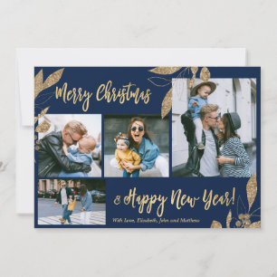 Elegante Navy Gold 4 Foto Collage Weihnachtskarte
