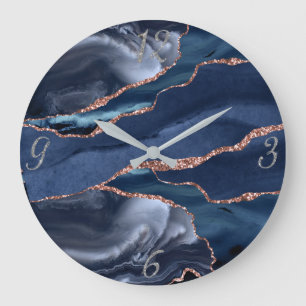 Elegante Navy Gold Agate Abstrakt Silber Zahlen Große Wanduhr