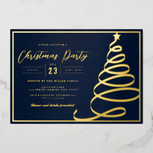 Elegante Navy Gold Baum Weihnachtsfeier Folieneinladung