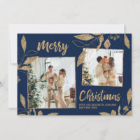 Elegante Navy Gold Blätter 2 Foto Weihnachtskarte