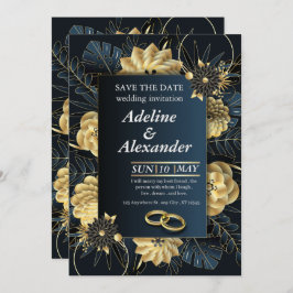 Elegante Navy-Gold Blumen-Hochzeitseinladung Einladung