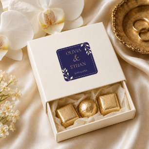 Elegante Navy-Gold-Botanische Hochzeit mit Namen d Quadratischer Aufkleber