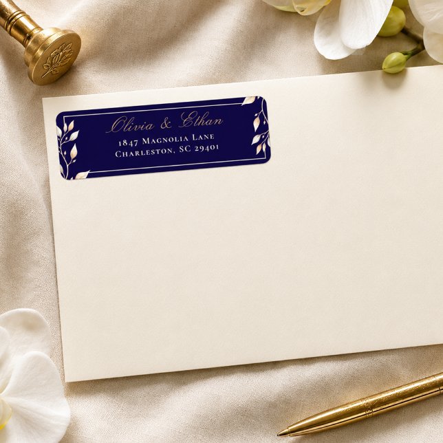 Elegante Navy-Gold-Botanische-Hochzeit-Rücksendead (Von Creator hochgeladen)