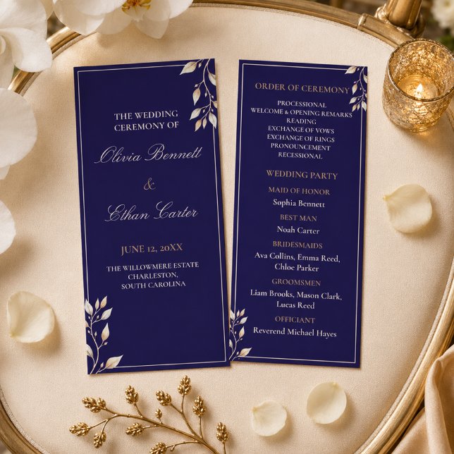 Elegante Navy-Gold-Botanische Hochzeitszeremonie Programm (Von Creator hochgeladen)