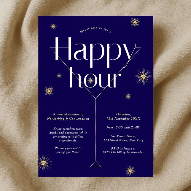 Elegante Navy & Gold Business Networking Happy Hou Einladung (Modern navy blue and gold company cocktail party happy hour event invitation)