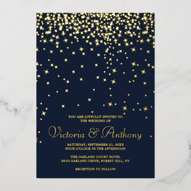 Elegante Navy & Gold Falling Stars Hochzeit Real Folieneinladung (Vorderseite)