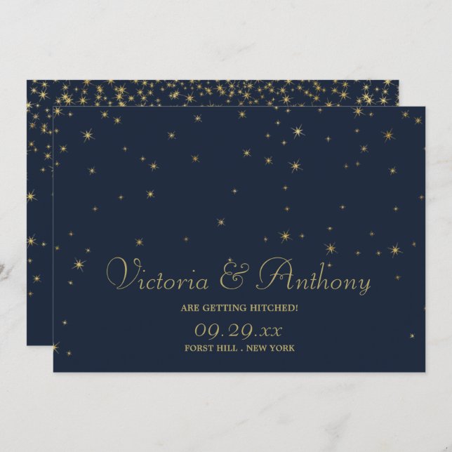Elegante Navy & Gold Falling Stars Save the Date (Vorne/Hinten)