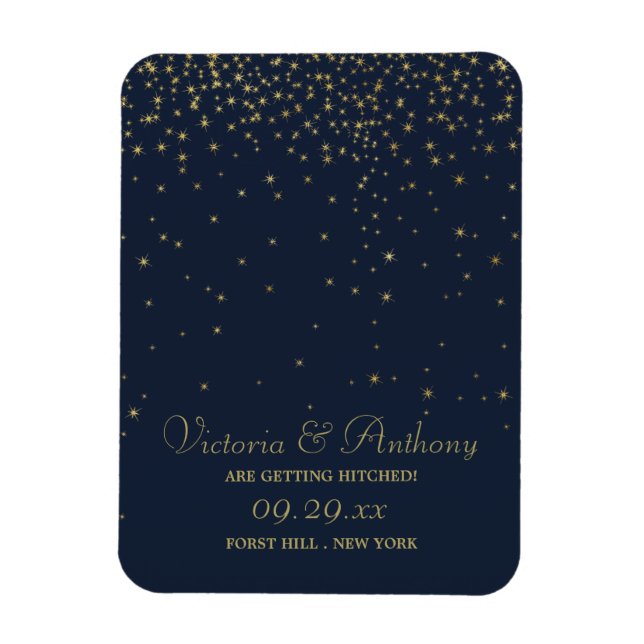Elegante Navy & Gold Falling Stars Save the Date Magnet (Vertikal)