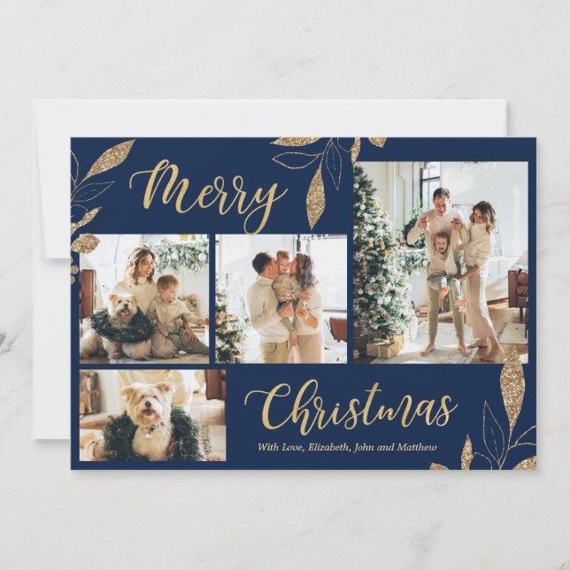 Elegante Navy Gold Foto Collage Weihnachtskarte (Vorderseite)