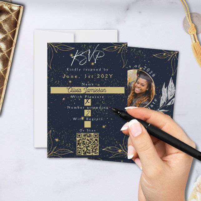 Elegante Navy Gold Graduation Party RSVP Karte (Von Creator hochgeladen)