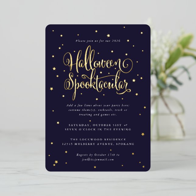 Elegante Navy/Gold Halloween Spooktacular + Sterne Folieneinladung (Stehend vorne)