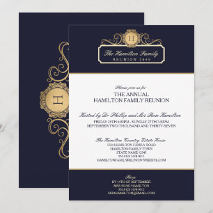 Elegante Navy Gold Monogram Family Wiedersehen Einladung