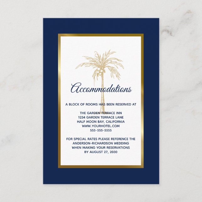 Elegante Navy Gold Palm Tree Hochzeiten Unterkünft Begleitkarte (Vorderseite)