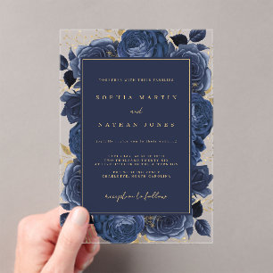 Elegante Navy Gold Rose Clear Wedding Acryleinladungen