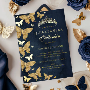 Elegante Navy Gold Schmetterling Quinceanera Folieneinladung