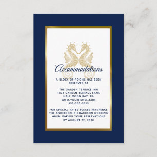 Elegante Navy-Gold-Seepferdchen-Hochzeitsunterkünf Begleitkarte