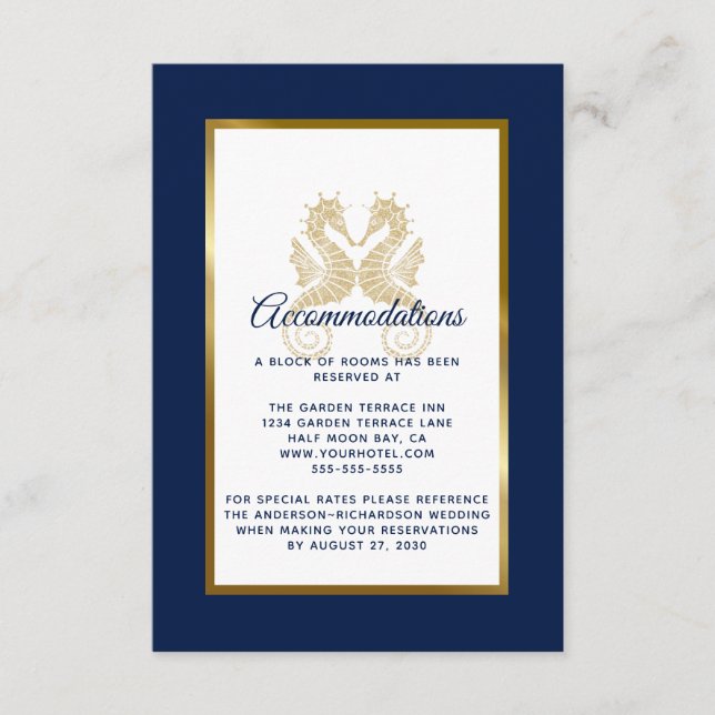 Elegante Navy Gold Seepferde Hochzeitsunterkünfte Begleitkarte (Vorderseite)