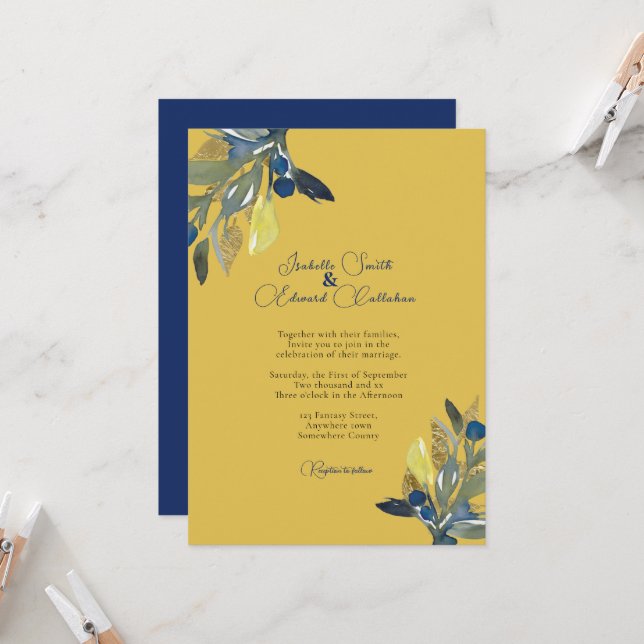 Elegante Navy & Gold Watercolor Blätter Hochzeit Einladung (Vorderseite/Rückseite Beispiel)