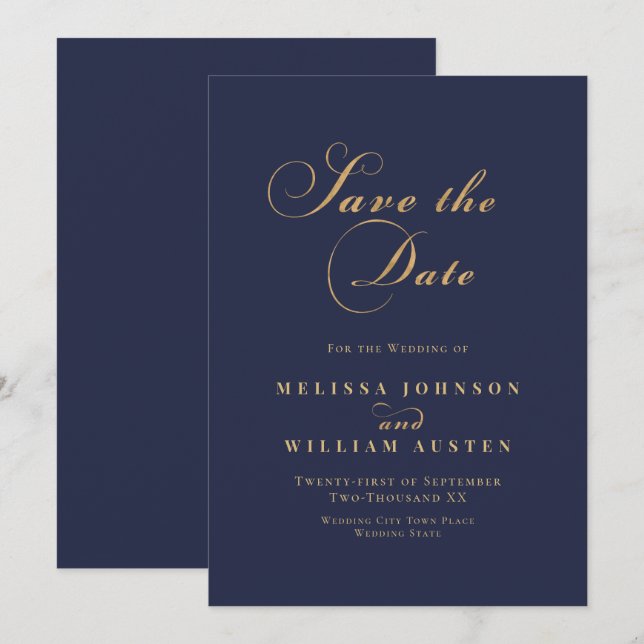 Elegante Navy Gold Wedding Save The Date (Vorne/Hinten)
