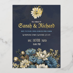 Elegante Navy- & Goldfolien-Blumenhochzeit Folie Einladungspostkarte