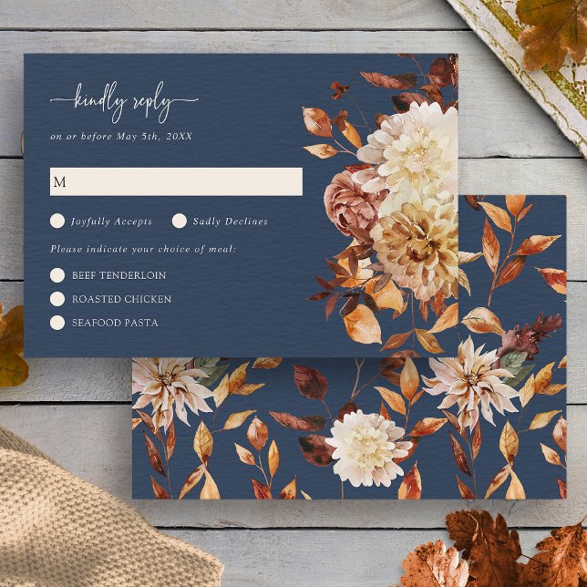 Elegante Navy Herbstlaubs floral RSVP Card (Elegant Navy Blue Fall Leaves Floral RSVP Card by Painted Paperie
)