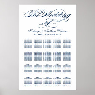 Elegante Navy-Kalligrafie-Hochzeitssitzplan Poster