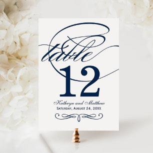 Elegante Navy-Kalligrafie-Tischnummernkarte Einladung