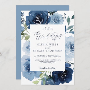 Elegante Navy Light Blue Dusty Blume Hochzeit Einladung